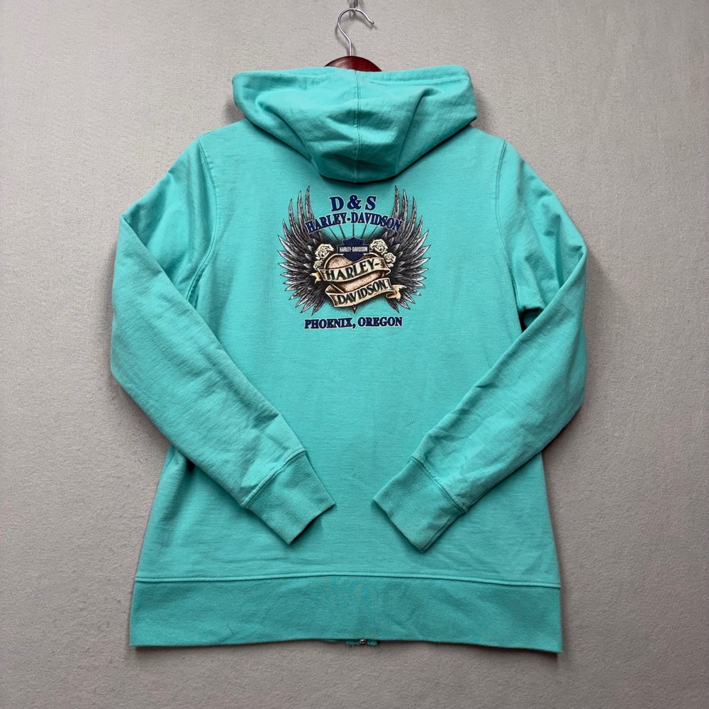 Harley-Davidson Zip Hoodie Womens L Teal Phoenix Oregon Graphic Y2K Sweatshirt